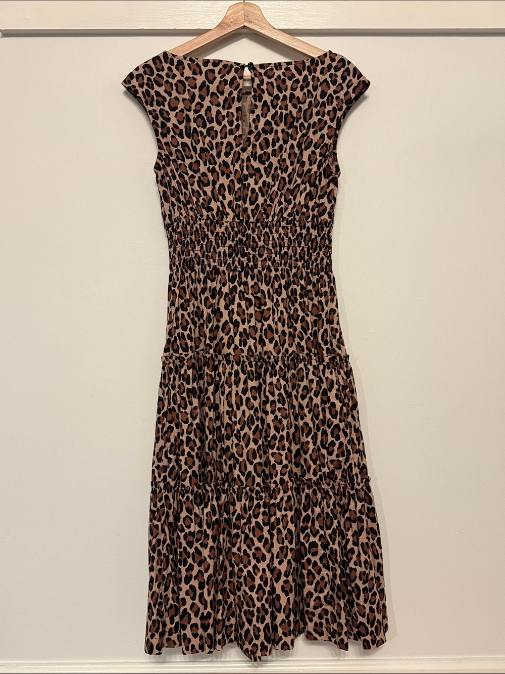 Kate Spade Spotted Leopard Blaire Midi Dress Smocked Waist Tiered Cotton Size M - Picture 7 of 9